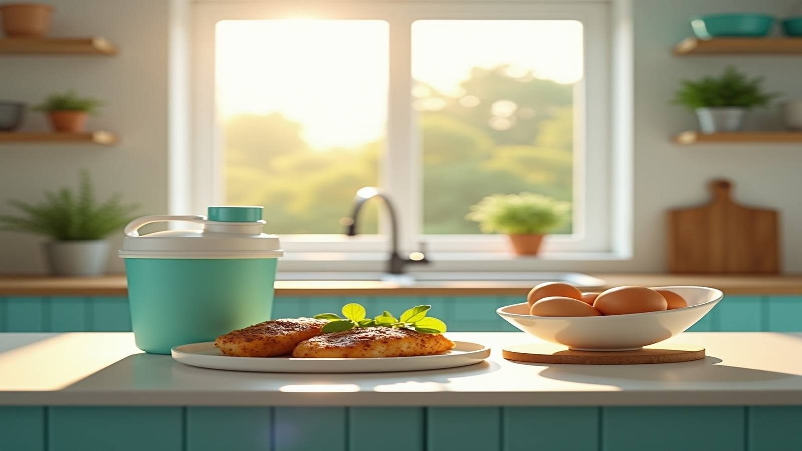Protein powder, a shaker, and lean foods on a clean kitchen counter